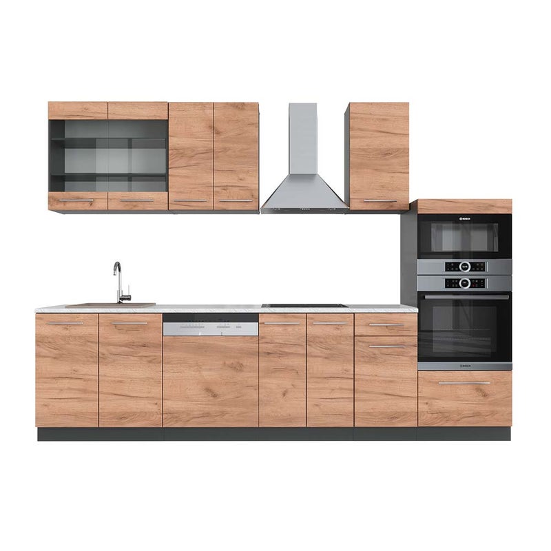 Vicco Aneks kuchenny Fame-Line, Złoty dąb power/antracyt, 300 cm z wysoką szafką, BP Marmur