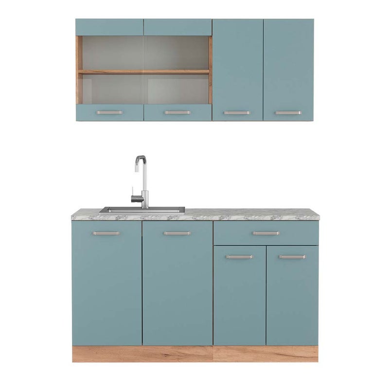 Vicco Pojedyncza kuchnia R-Line, Niebiesko-szary/złoty dąb, 140 cm , BP Marmur