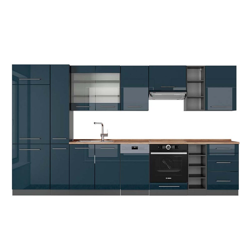 Vicco Aneks kuchenny Fame-Line, Ciemnoniebieski wysoki połysk/antracyt, 355 cm , BP Dąb