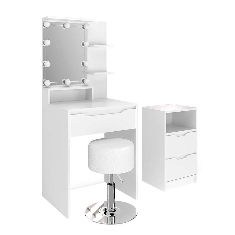 Vicco Stół do toalety Ruben, Biały, z szafką z szufladami, oświetleniem LED i stołkiem