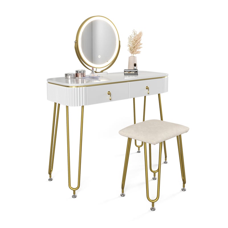 Vicco Stół do toalety Grace, Biały wysoki połysk, 100 cm z oświetleniem LED i stołkiem