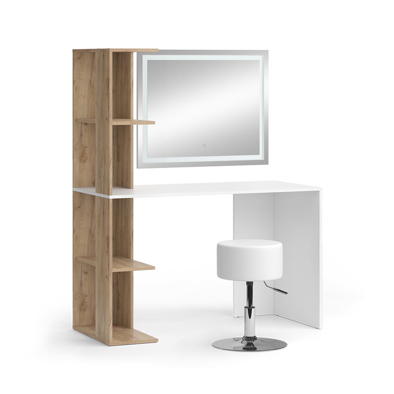 Vicco Stół do toalety Tower, Biały/Sonoma, 122.2 cm z lustrem LED i stołkiem