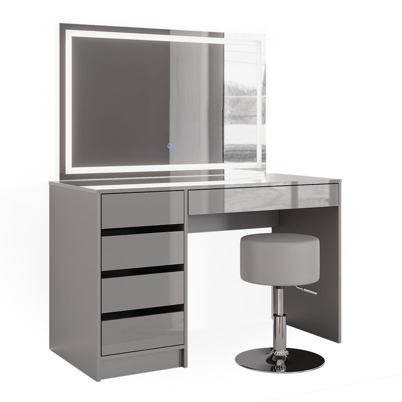 Vicco Stół toaletowy Sherry, Szary, 120 cm z lustrem LED i stołkiem