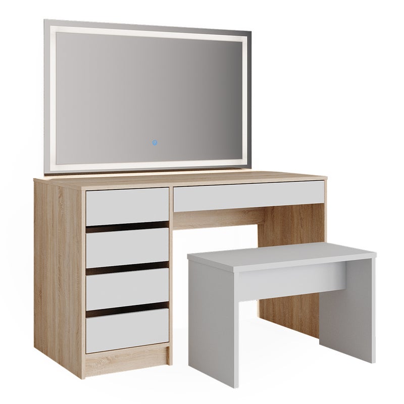Vicco Stół jamający Sherry, Biały/Sonoma, 120 cm z lustrem LED i stołkiem