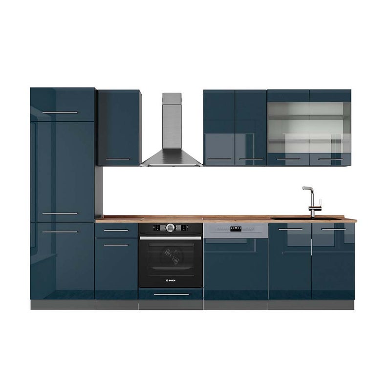 Vicco Aneks kuchenny Fame-Line, Ciemnoniebieski wysoki połysk/antracyt, 300 cm , BP Dąb