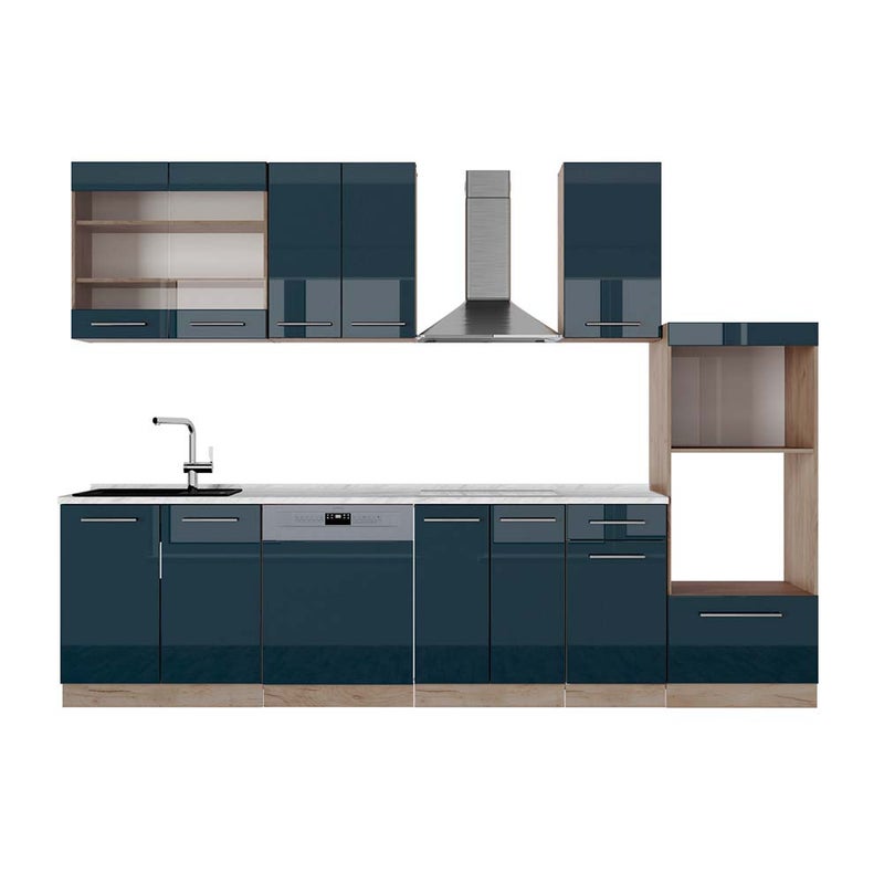 Vicco Aneks kuchenny Fame-Line, Ciemnoniebieski wysoki połysk/złoty dąb, 300 cm z wysoką szafką, BP Marmur