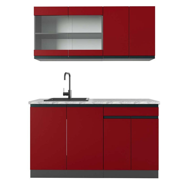 Vicco Pojedyncza kuchnia R-Line, Czerwony/antracyt, 140 cm J-Shape, BP Marmur