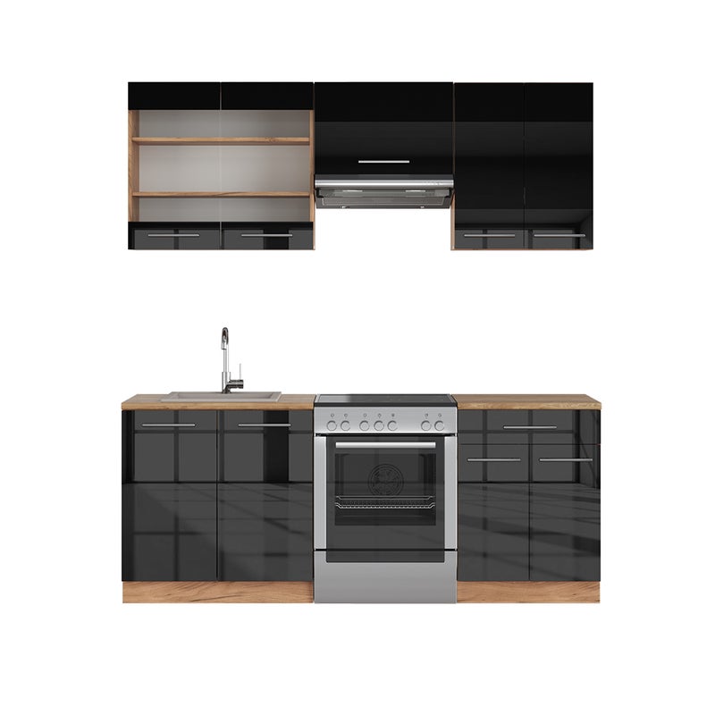 Vicco Aneks kuchenny Fame-Line, Antracytowy wysoki połysk/złoty dąb power, 200 cm bez blatu roboczego