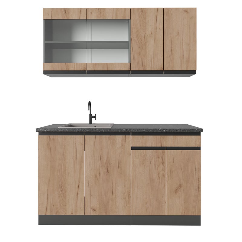 Vicco Pojedyncza kuchnia R-Line, Złoty dąb power/antracyt, 140 cm J-Shape, BP Antracyt