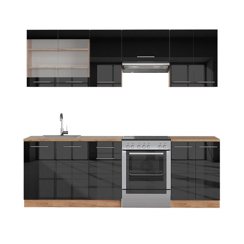 Vicco Aneks kuchenny Fame-Line, Antracytowy wysoki połysk/złoty dąb power, 240 cm bez blatu roboczego