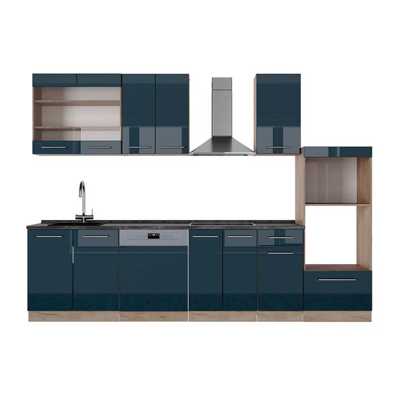 Vicco Aneks kuchenny Fame-Line, Ciemnoniebieski wysoki połysk/złoty dąb, 300 cm z wysoką szafką, BP Antracyt