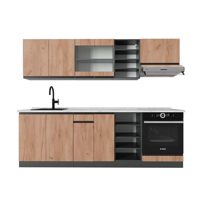 Vicco Zabudowa kuchenna R-Line, Złoty dąb power/antracyt, 240 cm J-Shape, BP Marmur