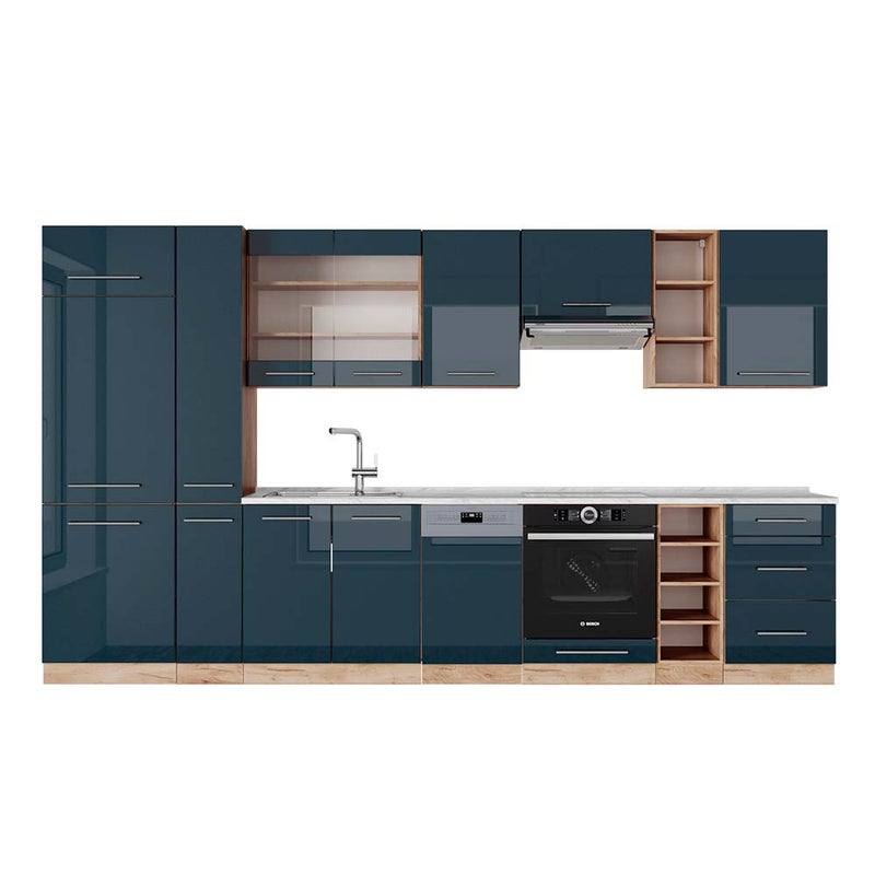 Vicco Zabudowa kuchenna Fame-Line, Ciemnoniebieski wysoki połysk/złoty dąb, 355 cm , BP Marmur