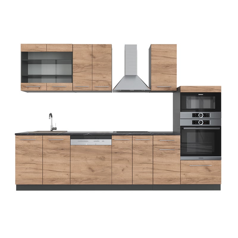 Vicco Aneks kuchenny Fame-Line, Złoty dąb power/antracyt, 300 cm z wysoką szafką, BP Antracyt