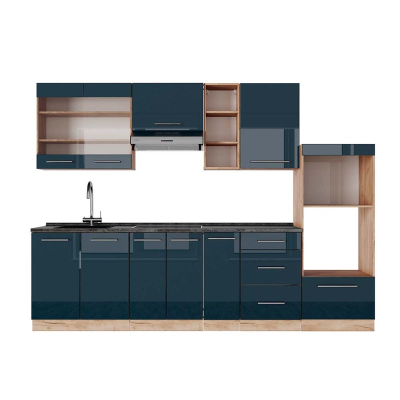 Vicco Aneks kuchenny Fame-Line, Ciemnoniebieski wysoki połysk/złoty dąb, 280 cm , BP Antracyt