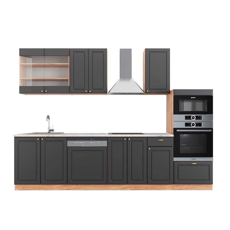Vicco Aneks kuchenny Fame-Line, Anthracite Country House/Gold Kraft Oak, 300 cm z wysoką szafką, BP Marmur