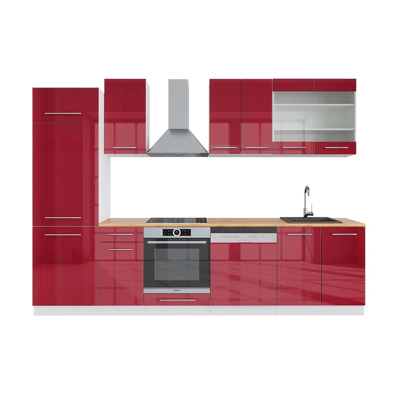 Vicco Aneks kuchenny Fame-Line, Bordowy wysoki połysk/biały, 300 cm , BP Dąb