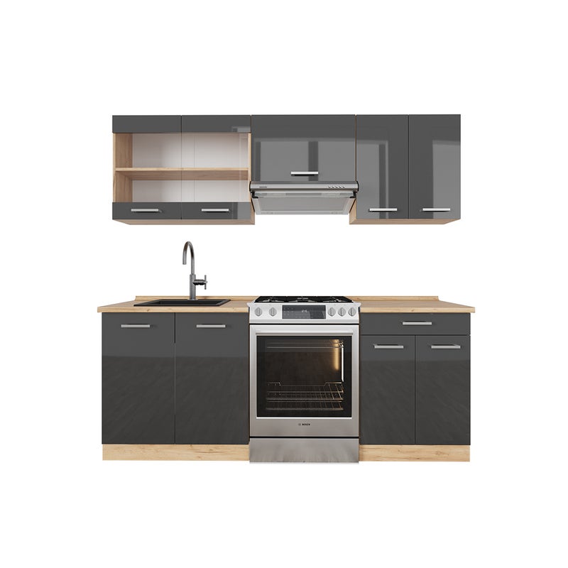 Vicco Aneks kuchenny R-Line, Antracytowy wysoki połysk/złoty dąb power, 200 cm , BP Dąb