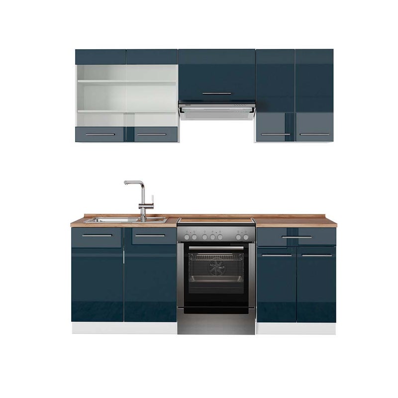 Vicco Szafki kuchenne Fame-Line, Ciemnoniebieski wysoki połysk/biały, 200 cm , BP Dąb