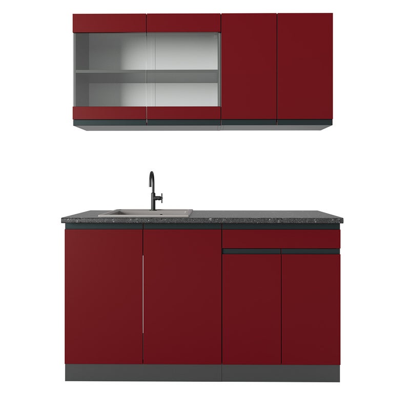Vicco Pojedyncza kuchnia R-Line, Czerwony/antracyt, 140 cm J-Shape, BP Antracyt
