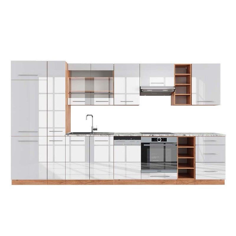 Vicco Zabudowa kuchenna Fame-Line, Biały wysoki połysk/złoty dąb power, 355 cm , BP Marmur