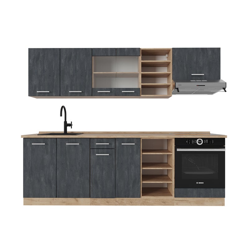 Vicco Zabudowa kuchenna R-Line, Czarny beton/złoty dąb, 240 cm bez blatu roboczego