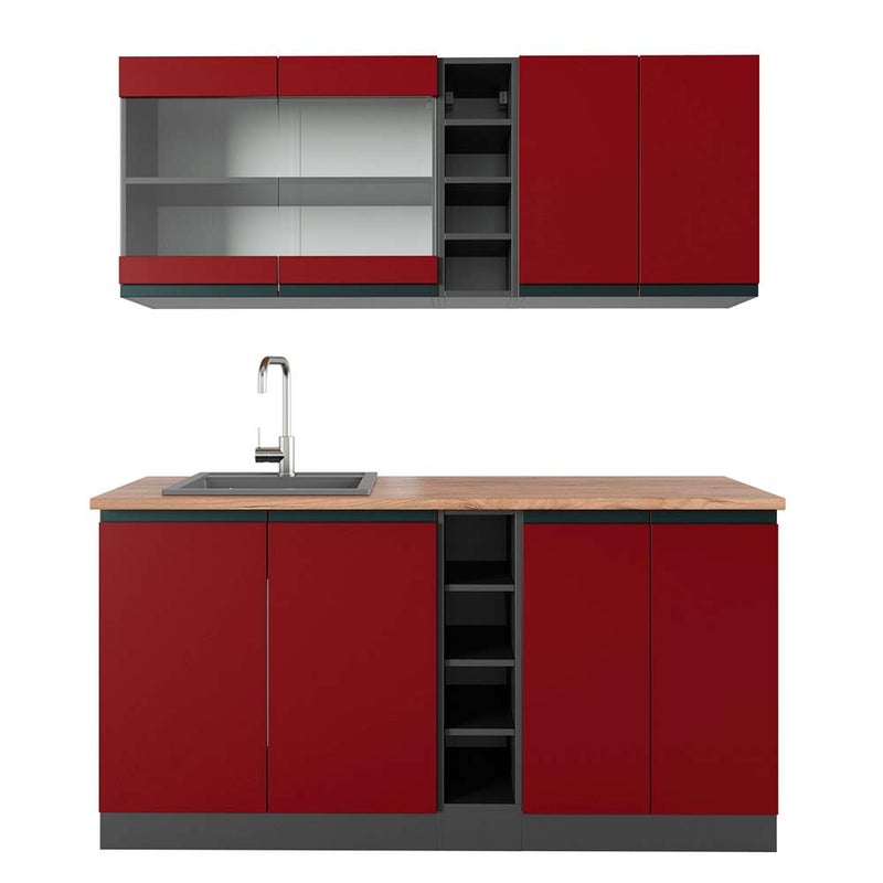 Vicco Pojedyncza kuchnia R-Line, Czerwony/antracyt, 160 cm J-Shape, BP Dąb