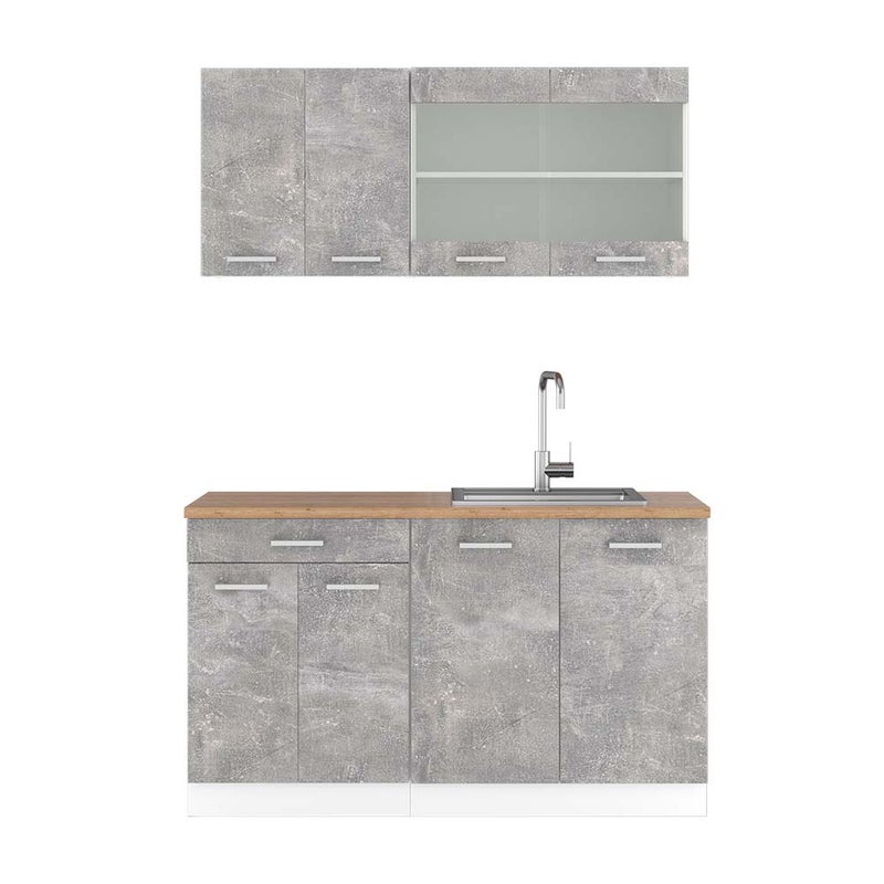 Vicco Pojedyncza kuchnia R-Line, Beton/Biały, 140 cm , BP Dąb