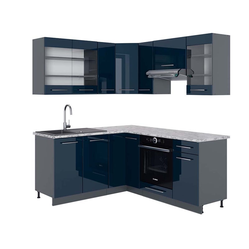 Vicco Kuchnia narożna Fame-Line, Ciemnoniebieski wysoki połysk/antracyt, 190 x 60 cm , BP Marmur