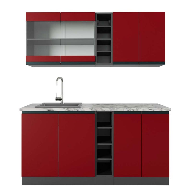 Vicco Pojedyncza kuchnia R-Line, Czerwony/antracyt, 160 cm J-Shape, BP Marmur