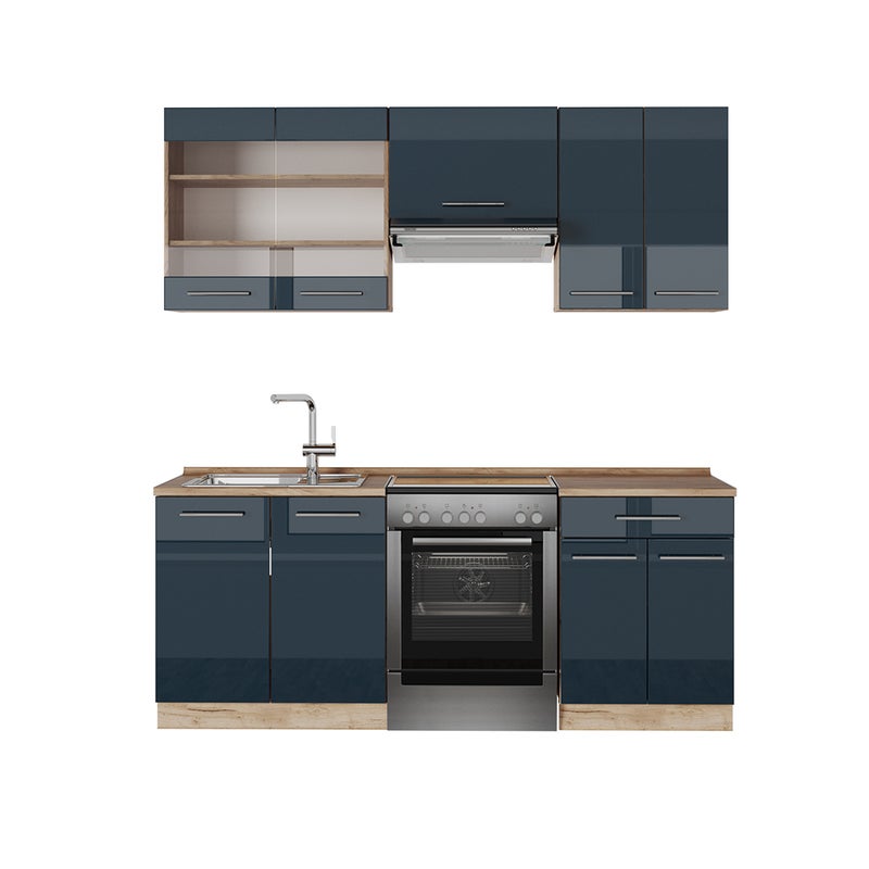 Vicco Szafki kuchenne Fame-Line, Ciemnoniebieski wysoki połysk/złoty dąb, 200 cm bez blatu roboczego