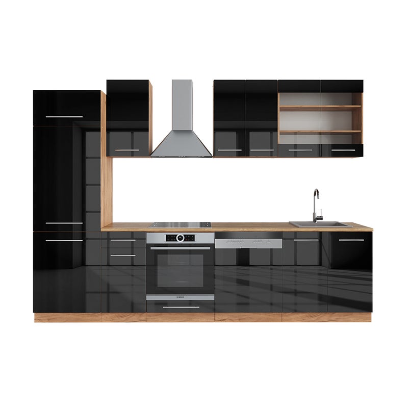 Vicco Aneks kuchenny Fame-Line, Antracytowy wysoki połysk/złoty dąb power, 300 cm , BP Dąb