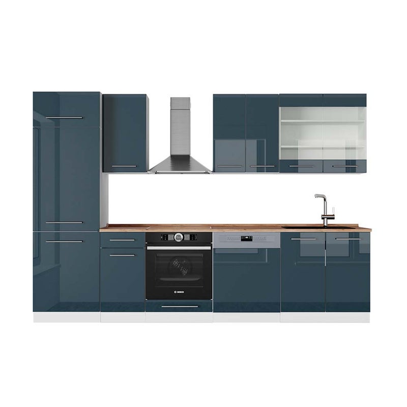 Vicco Aneks kuchenny Fame-Line, Ciemnoniebieski wysoki połysk/biały, 300 cm , BP Dąb