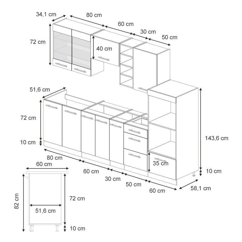 Vicco Szafki kuchenne Fame-Line, Ciemnoniebieski wysoki połysk/antracyt, 280 cm bez blatu roboczego