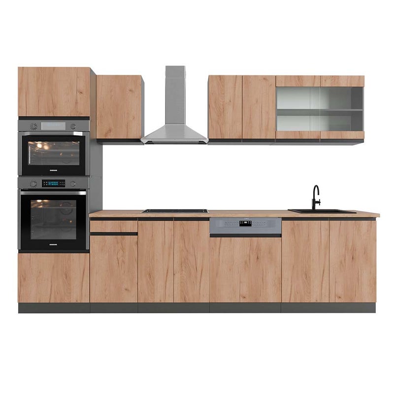 Vicco Aneks kuchenny R-Line, Złoty dąb power/antracyt, 300 cm J-Shape z wysoką szafką, BP Dąb