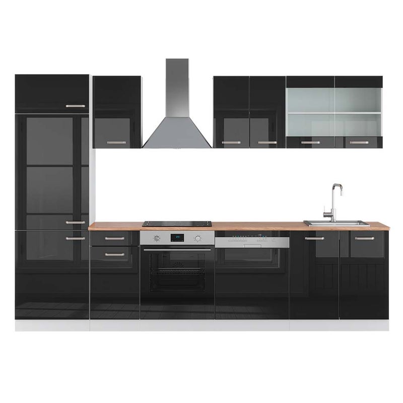 Vicco Aneks kuchenny R-Line, Czarny wysoki połysk/biały, 300 cm , BP Dąb