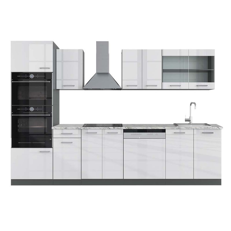 Vicco Aneks kuchenny R-Line, Biały wysoki połysk/antracyt, 300 cm z wysoką szafką, BP Marmur