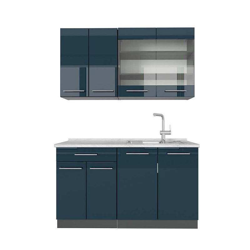 Vicco Pojedyncza kuchnia Fame-Line, Ciemnoniebieski wysoki połysk/antracyt, 140 cm , BP Marmur