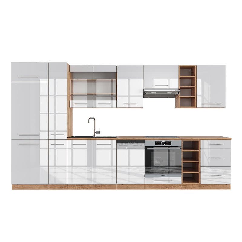 Vicco Zabudowa kuchenna Fame-Line, Biały wysoki połysk/złoty dąb power, 355 cm , BP Dąb