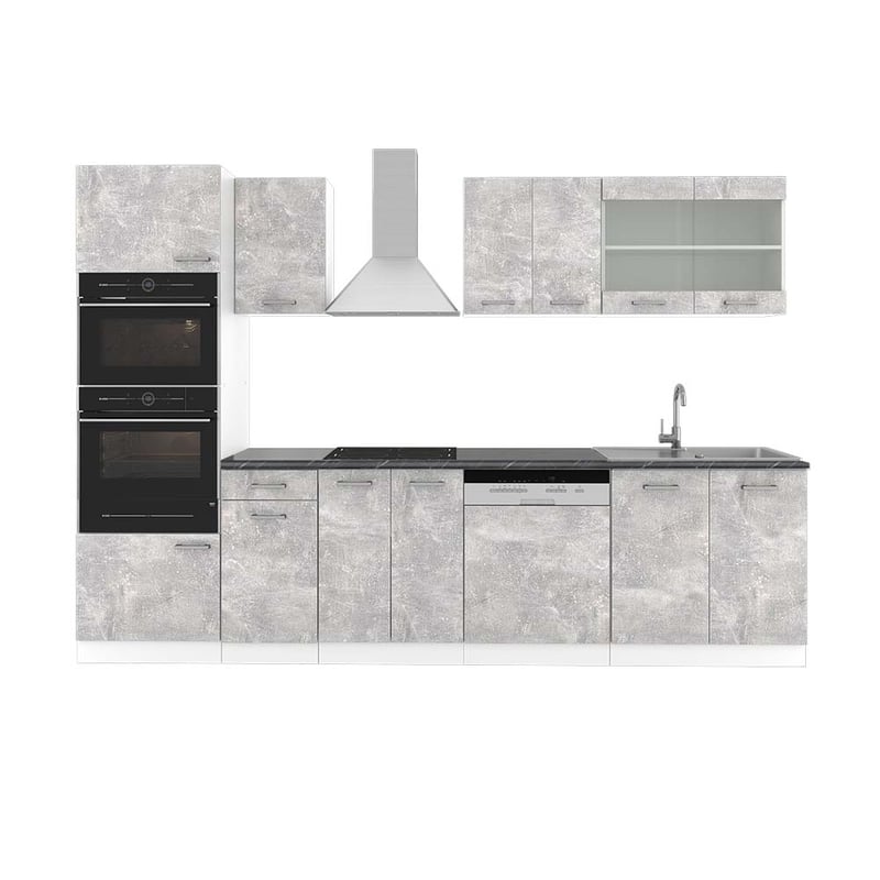 Vicco Aneks kuchenny R-Line, Beton/Biały, 300 cm z wysoką szafką, BP Antracyt