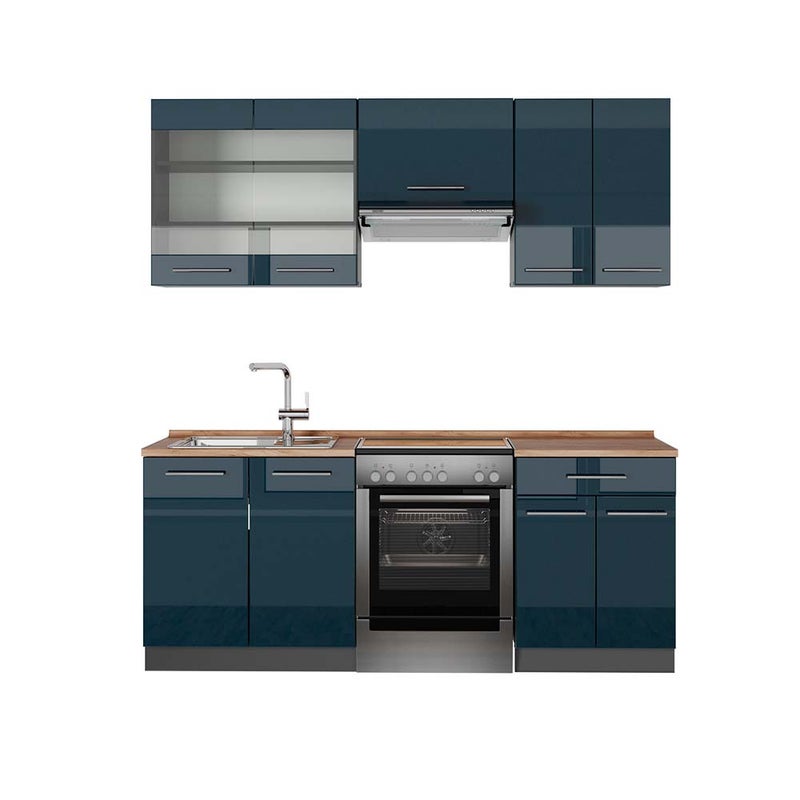 Vicco Szafki kuchenne Fame-Line, Ciemnoniebieski wysoki połysk/antracyt, 200 cm , BP Dąb