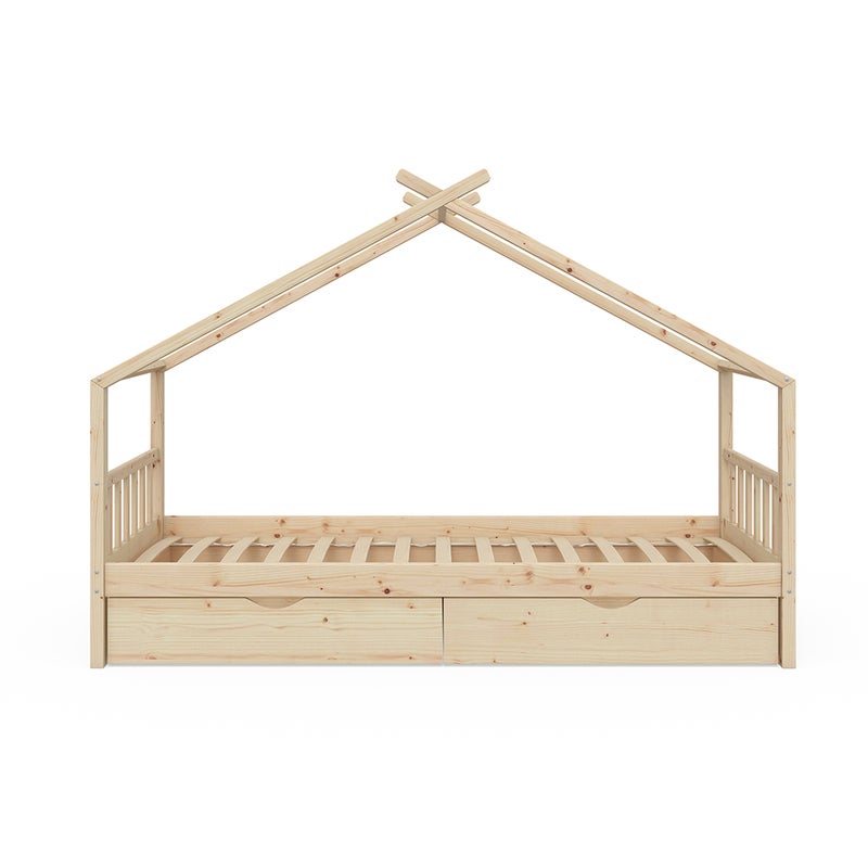 Vitalispa Łóżko domowe Design, Naturalne drewno, 90x200 cm z 2 szufladami