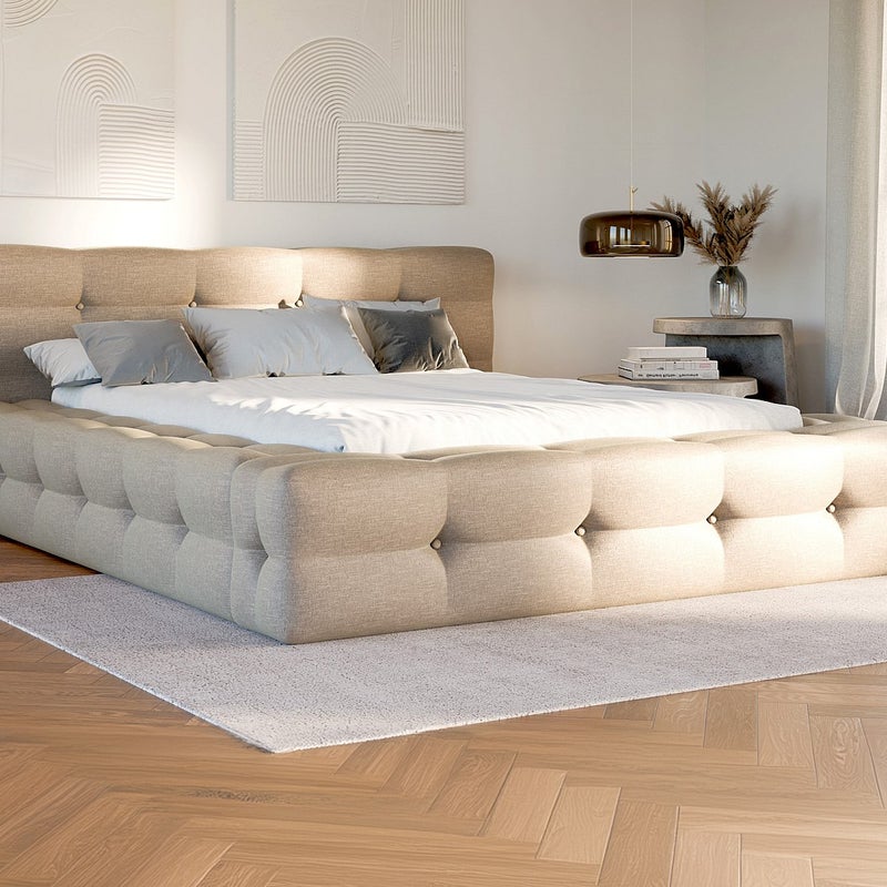Łóżko pikowane 140 x 190 cm - Melanżowa tkanina - Beżowy + Stelaż + Materac - LERUCO marki Pascal Morabito