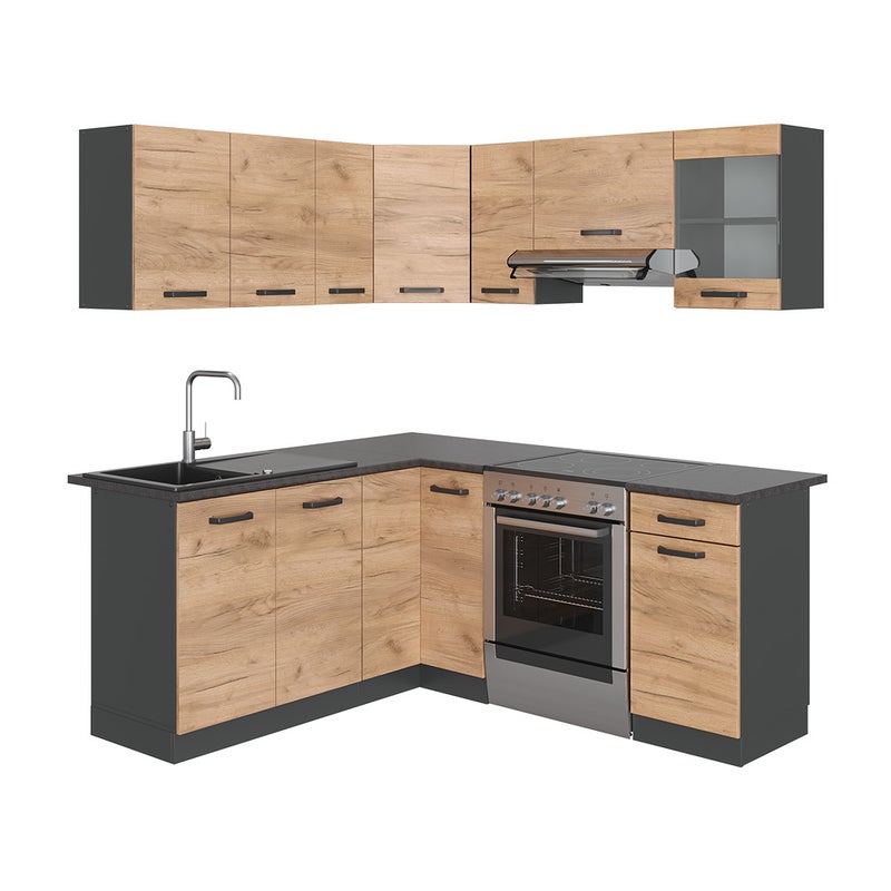 Vicco Kuchnia narożna Rick, Złoty dąb power/antracyt, 190 x 46 cm , BP Czarne wzorzyste