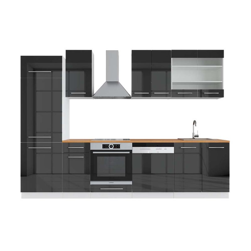 Vicco Aneks kuchenny Fame-Line, Antracytowy wysoki połysk/biały, 300 cm , BP Dąb