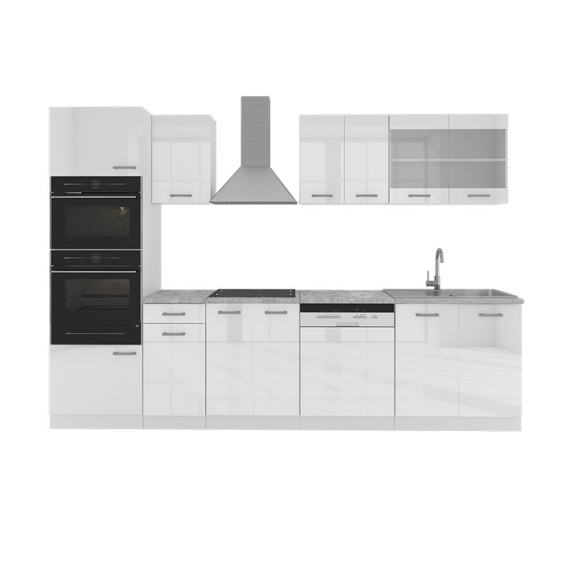 Vicco Aneks kuchenny R-Line, Biały wysoki połysk/biały, 300 cm z wysoką szafką, bez blatu