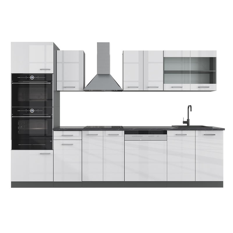 Vicco Aneks kuchenny R-Line, Biały wysoki połysk/antracyt, 300 cm z wysoką szafką, BP Antracyt