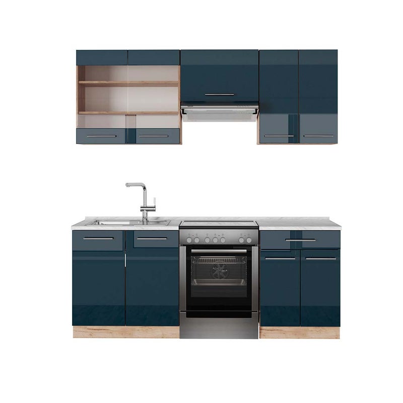 Vicco szafki kuchenne Fame-Line, Ciemnoniebieski wysoki połysk/złoty dąb, 200 cm , BP Marmur