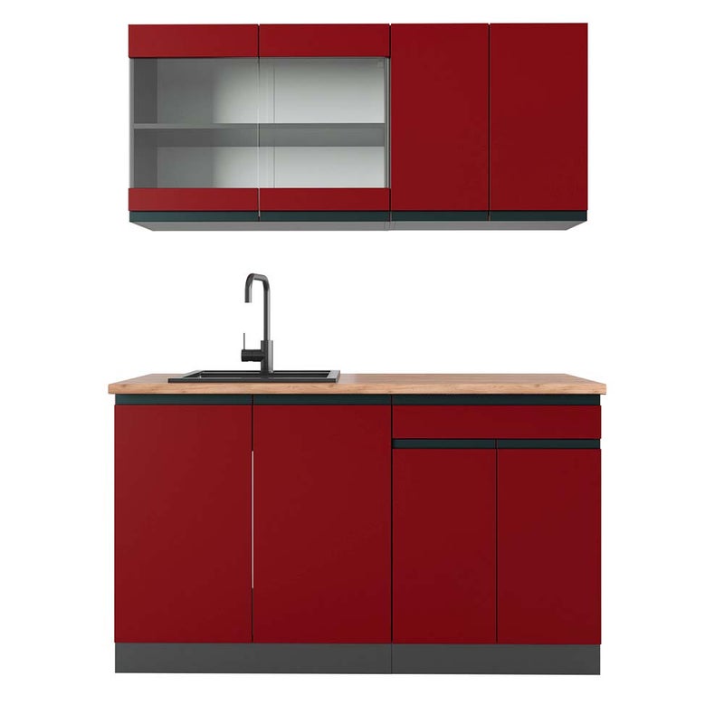 Vicco Pojedyncza kuchnia R-Line, Czerwony/antracyt, 140 cm J-Shape, BP Dąb