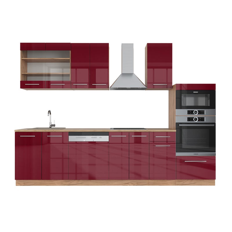 Vicco Aneks kuchenny Fame-Line, Bordeaux wysoki połysk/złoty dąb, 300 cm z wysoką szafką, bez blatu